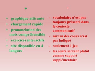 +
+ graphique attirante
+ chargement rapide
+ prononciation des
mots compréhensible
+ exercices interactifs
+ site disponible en 4
langues
-
- vocabulaire n’est pas
toujours présenté dans
le contexte
communicatif
- niveau des cours n’est
pas indiqué
- seulement 1 jeu
- les cours servent plutôt
comme support
supplémentaire
 