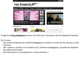 Il s’agit d’un blog pédagogique créé en mars 2013 par 3 formateurs de FLE travaillant à Varsovie. 
On y trouve: 
- Des articles proposant des activités pédagogiques à réaliser en classe de FLE, des jeux, ou des 
exercices. 
- Des « brèves » (articles sur le monde du FLE, réflexions pédagogique, actualité des Zexperts) 
- Des offres de formation 
- Des informations sur le programme « France Horizons » 
 
