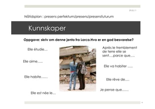 29.05.11


Nåtidsplan : presens perfektum/presens/presensfuturum


   Kunnskaper
Oppgave: skriv om denne jenta fra Lorca.Hva er en god besvarelse?

                                              Après le tremblement
  Elle étudie…
                                              de terre elle se
                                              sent….parce que….
Elle aime…..
                                               Elle va habiter …..


Elle habite……
                                                Elle rêve de….


                                             Je pense que……
    Elle est née le…

                                                                          14
 