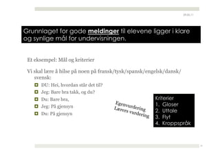 29.05.11




Grunnlaget for gode meldinger til elevene ligger i klare
og synlige mål for undervisningen.


 Et eksempel: Mål og kriterier

 Vi skal lære å hilse på noen på fransk/tysk/spansk/engelsk/dansk/
    svensk:
      DU: Hei, hvordan står det til?
      Jeg: Bare bra takk, og du?
      Du: Bare bra,                                          Kriterier
                                        Ege n                 1.  Gloser
                                              v
      Jeg: På gjensyn                  Lære urdering
                                             rs vu
                                                   rderi      2.  Uttale
      Du: På gjensyn                                    ng   3.  Flyt
                                                              4.  Kroppspråk



                                                                                    21
 