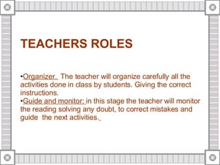 TEACHERS ROLES Organizer.  The teacher will organize carefully all the activities done in class by students. Giving the correct instructions. Guide and monitor:   in this stage the teacher will monitor the reading solving any doubt, to correct mistakes and guide  the next activities.   