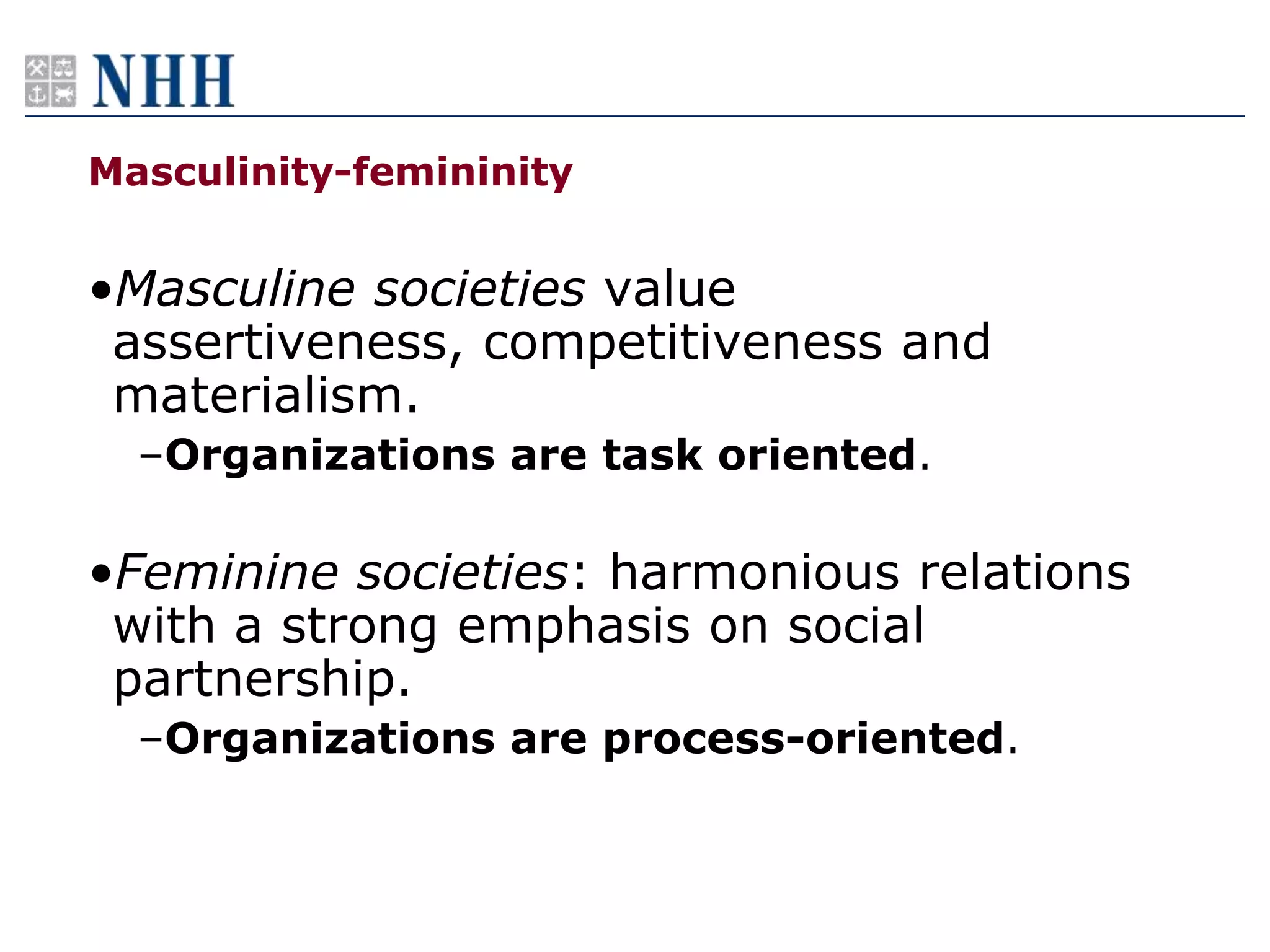 Masculinity-femininity


•Masculine societies value
 assertiveness, competitiveness and
 materialism.
  –Organizations are task oriented.

•Feminine societies: harmonious relations
 with a strong emphasis on social
 partnership.
  –Organizations are process-oriented.
 