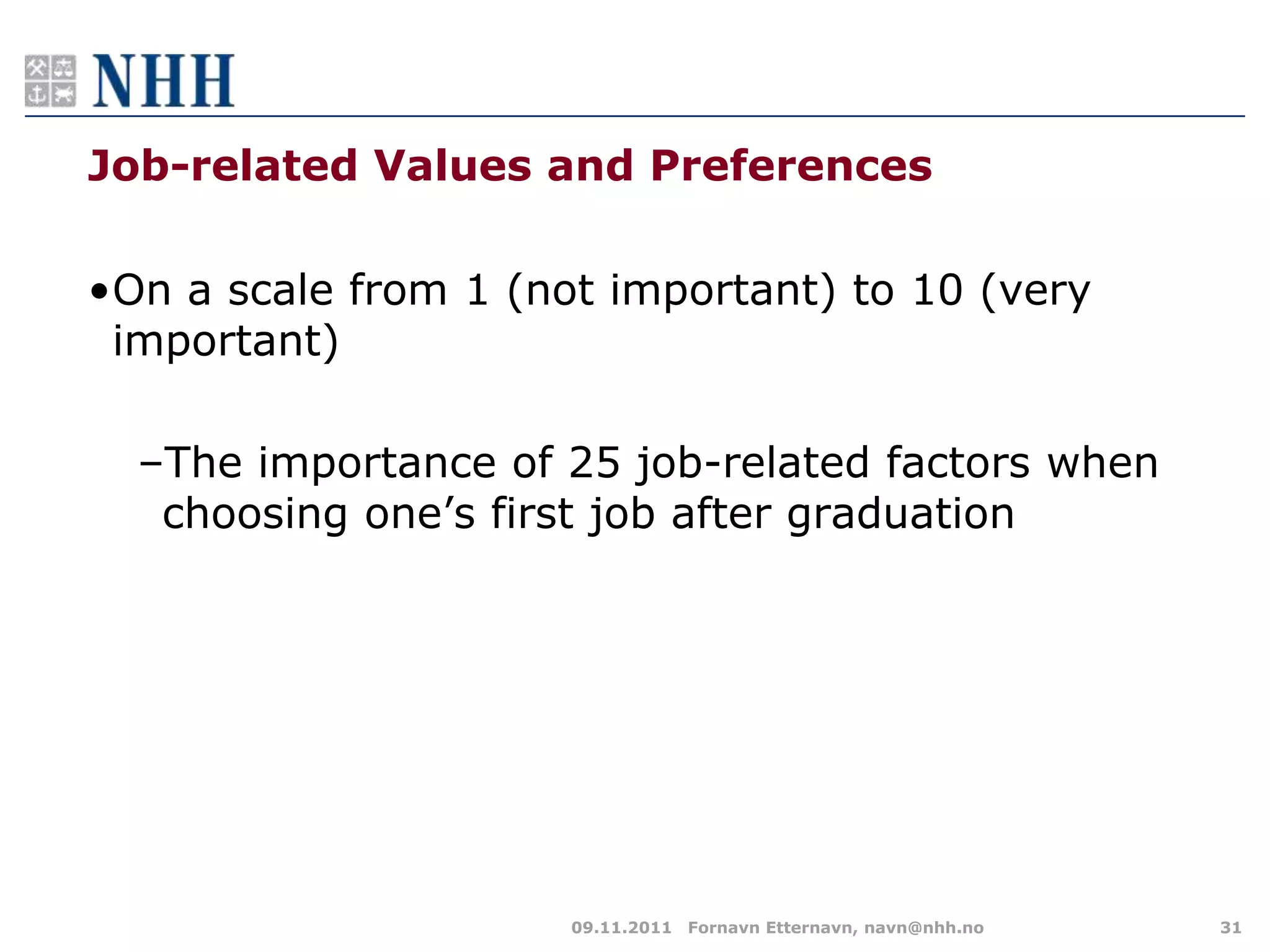 Job-related Values and Preferences

•On a scale from 1 (not important) to 10 (very
 important)

  –The importance of 25 job-related factors when
   choosing one‟s first job after graduation




                      09.11.2011 Fornavn Etternavn, navn@nhh.no   31
 