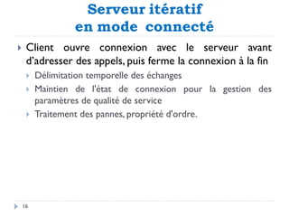 Serveur itératif
en mode connecté
 Client ouvre connexion avec le serveur avant
d’adresser des appels, puis ferme la connexion à la fin
 Délimitation temporelle des échanges
 Maintien de l'état de connexion pour la gestion des
paramètres de qualité de service
 Traitement des pannes, propriété d'ordre.
16
 