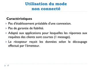 Utilisation du mode
non connecté
Caractéristiques
 Pas d'établissement préalable d'une connexion.
 Pas de garantie de fiabilité.
 Adapté aux applications pour lesquelles les réponses aux
requêtes des clients sont courtes (1 message).
 Le récepteur reçoit les données selon le découpage
effectué par l’émetteur.
17
 