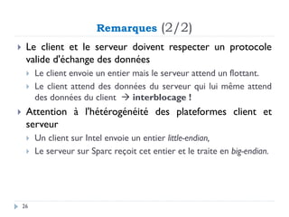 Remarques (2/2)
 Le client et le serveur doivent respecter un protocole
valide d'échange des données
 Le client envoie un entier mais le serveur attend un flottant.
 Le client attend des données du serveur qui lui même attend
des données du client → interblocage !
 Attention à l'hétérogénéité des plateformes client et
serveur
 Un client sur Intel envoie un entier little-endian,
 Le serveur sur Sparc reçoit cet entier et le traite en big-endian.
26
 