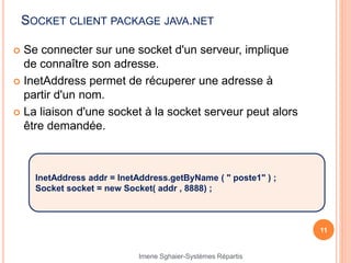SOCKET CLIENT PACKAGE JAVA.NET
 Se connecter sur une socket d'un serveur, implique
de connaître son adresse.
 InetAddress permet de récuperer une adresse à
partir d'un nom.
 La liaison d'une socket à la socket serveur peut alors
être demandée.
11
InetAddress addr = InetAddress.getByName ( " poste1" ) ;
Socket socket = new Socket( addr , 8888) ;
Imene Sghaier-Systèmes Répartis
 