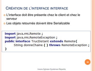CRÉATION DE L’INTERFACE INTERFACE
 L'interface doit être présente chez le client et chez le
serveur
 Les objets retournés doivent être Serializable
38
Imene Sghaier-Systèmes Répartis
 