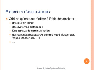 EXEMPLES D’APPLICATIONS
 Voici ce qu'on peut réaliser à l'aide des sockets :
 des jeux en ligne ;
 des systèmes distribués ;
 Des canaux de communication
 des espaces messengers comme MSN Messenger,
Yahoo Messenger, … ;
 …
6
Imene Sghaier-Systèmes Répartis
 