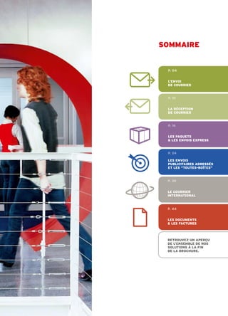 sommAire


 p. 04


 l’envoi
 de courrier


 p. 10


 lA réception
 de courrier


 p. 16


 les pAquets
 & les envois express


 p. 24

 les envois
 publicitAires Adressés
 et les “toutes-boîtes”



 p. 38


 le courrier
 internAtionAl



 p. 44


 les documents
 & les fActures




 retrouvez un Aperçu
 de l’ensemble de nos
 solutions à lA fin
 de lA brochure.
 