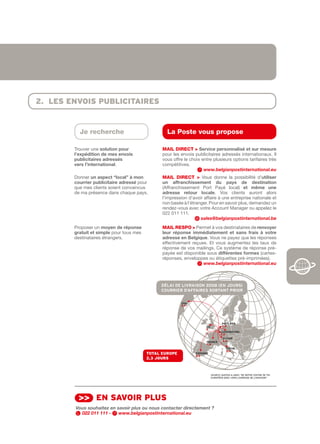 2. les envois publicitAires


          Je recherche                            La Poste vous propose

        Trouver une solution	pour               MAIL DIRECt > Service	personnalisé	et	sur	mesure
        l’expédition	de	mes	envois              pour les envois publicitaires adressés internationaux. Il
        publicitaires	adressés                  vous offre le choix entre plusieurs options tarifaires très
        vers	l’international.                   compétitives.
                                                                     www.belgianpostinternational.eu
        Donner un	aspect	“local”	à	mon	         MAIL DIRECt > Vous donne la possibilité d’utiliser	
        courrier	publicitaire	adressé pour      un affranchissement	 du	 pays	 de	 destination
        que mes clients soient convaincus       (Affranchissement Port Payé local) et	 même	 une
        de ma présence dans chaque pays.        adresse	 retour	 locale. Vos clients auront alors
                                                l’impression d’avoir affaire à une entreprise nationale et
                                                non basée à l’étranger. Pour en savoir plus, demandez un
                                                rendez­vous avec votre Account Manager ou appelez le
                                                022 011 111.
                                                                   sales@belgianpostinternational.be
        Proposer un moyen	de	réponse            MAIL RESPO > Permet à vos destinataires de renvoyer	
        gratuit	et	simple pour tous mes         leur	 réponse	 immédiatement	 et	 sans	 frais	 à	 votre	
        destinataires étrangers.                adresse	en	Belgique. Vous ne payez que les réponses
                                                effectivement reçues. Et vous augmentez les taux de
                                                réponse de vos mailings. Ce système de réponse pré­
                                                payée est disponible sous différentes	formes (cartes­
                                                réponses, enveloppes ou étiquettes pré­imprimées).
                                                                   www.belgianpostinternational.eu



                                               Délai De livraison 2008 (en jours)
                                               Courrier D’affaires sortant Prior


                                                         usa
                                                         3,1




                                                                                   PaYs-Bas
                                                                      GB           1,9
                                                                      2
                                                                                  luXeMBourG
                                                                                  2,0
                                                                                   suisse
                                                                       franCe      2,2
                                                                       1,9
                                                                                      italie
                                                                                      2,4
                                          totAl europe           esPaGne
                                                                 2,3
                                          2,3 Jours



                                                                           SOURcE: QUOTAS & UNEX “dE NOTRE cENTRE dE TRI
                                                                           EUROPéEN (EMc) vERS l’AdRESSE dE lIvRAISON”




         >> en sAvoir plus
        Vous souhaitez en savoir plus ou nous contacter directement ?
          022 011 111 -    www.belgianpostinternational.eu
 
