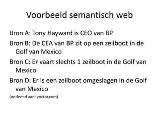 Voorbeeld semantisch web
Bron A: Tony Hayward is CEO van BP
Bron B: De CEA van BP zit op een zeilboot in de
  Golf van Mexico
Bron C: Er vaart slechts 1 zeilboot in de Golf van
  Mexico
Bron D: Er is een zeilboot omgeslagen in de Golf
  van Mexico
(ontleend aan: yoctor.com)
 