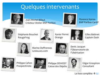 Quelques intervenants
Jean-Michel Billaut
Créateur Atelier BNP Paribas
Gilles Babinet
Captain Dash
Edgar Grospiron
Consultant
Philippe Cahen
Prospectiviste
Philippe DEWOST
Caisse des Dépôts
Xavier Perret
Orange
Denis Jacquet
l’Observatoire de
l’Ubérisation
Stéphanie Bouchet
RougeFrog
Marine Deffrennes
Leslouves.com
Florence Karras
BNP Paribas Cardif
La liste complète  Ici
 