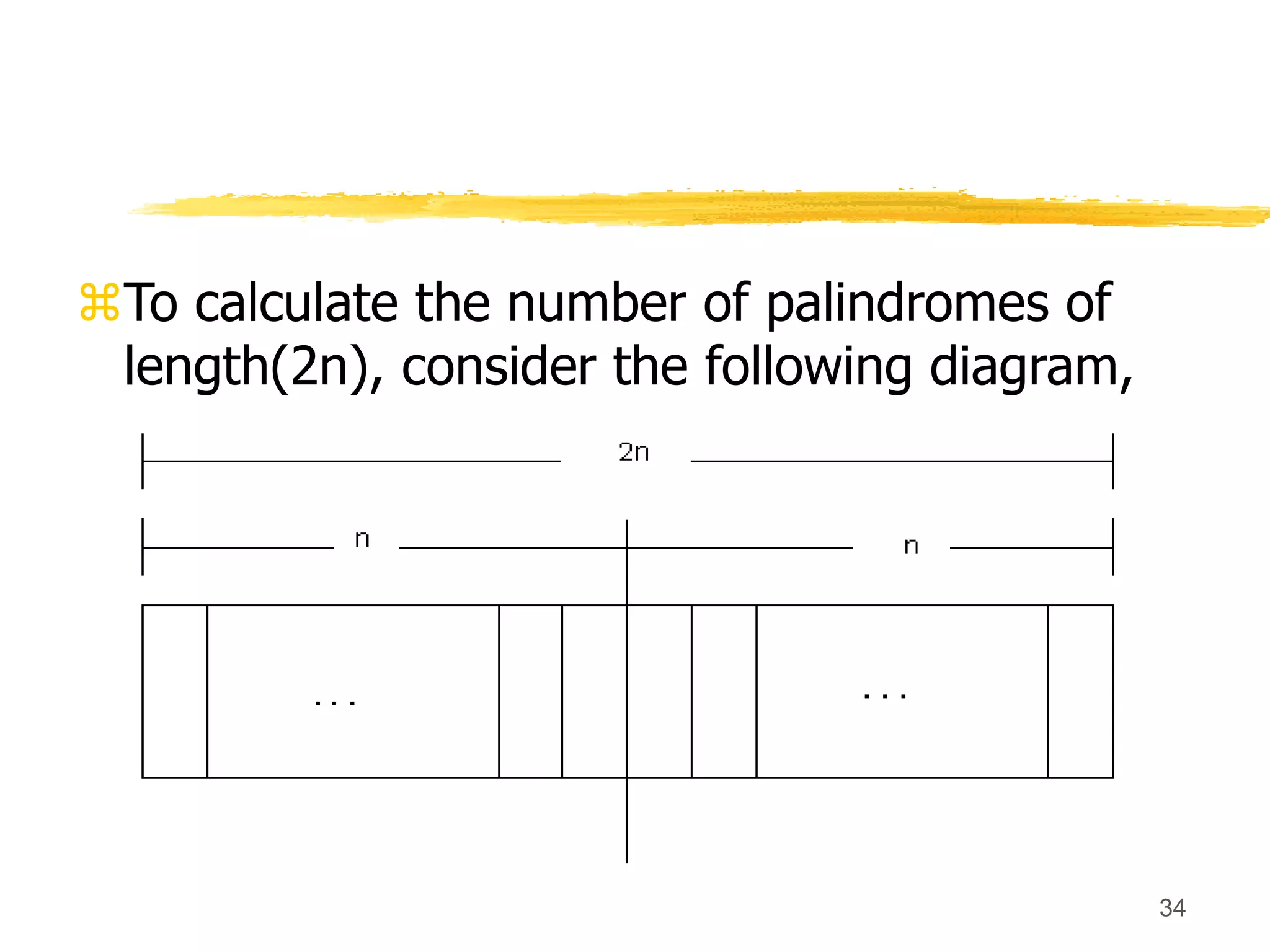 34
To calculate the number of palindromes of
length(2n), consider the following diagram,
 