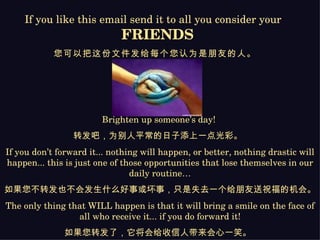 Brighten up someone’s day!  转发吧，为别人平常的日子添上一点光彩。   If you don’t forward it... nothing will happen, or better, nothing drastic will happen... this is just one of those opportunities that lose themselves in our daily routine… 如果您不转发也不会发生什么好事或坏事，只是失去一个给朋友送祝福的机会。   The only thing that WILL happen is that it will bring a smile on the face of all who receive it... if you do forward it! 如果您转发了，它将会给收信人带来会心一笑。   If you like this email send it to all you consider your  FRIENDS 您可以把这份文件发给每个您认为是朋友的人。   
