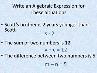 Write an Algebraic Expression for
These Situations
• Scott’s brother is 2 years younger than
Scott
• The sum of two numbers is 12
• The difference between two numbers is 5
s - 2
v + c = 12
m – n = 5
 