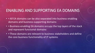 ENABLING AND SUPPORTING EA DOMAINS
• ▪ All EA domains can be also separated into business enabling
domains and business-supporting domains
• ▪ Business-enabling EA domains occupy the top layers of the stack
and represent functional domains
• ▪ These domains are relevant to business stakeholders and define
the core business functionality of IT systems
 