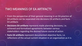 TWO MEANINGS OF EA ARTIFACTS
• From the perspective of their general meaning in an EA practice all
EA artifacts can be separated into decisions EA artifacts and facts
EA artifacts
• Decisions EA artifacts represent made planning decisions, i.e.
achieved and formalized agreements between various
stakeholders regarding the desired future course of action
• Facts EA artifacts represent documented objective facts, i.e.
reflections of the actual current situation in an organization as it is
 