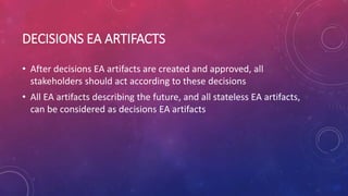 DECISIONS EA ARTIFACTS
• After decisions EA artifacts are created and approved, all
stakeholders should act according to these decisions
• All EA artifacts describing the future, and all stateless EA artifacts,
can be considered as decisions EA artifacts
 