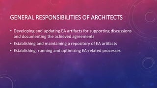 GENERAL RESPONSIBILITIES OF ARCHITECTS
• Developing and updating EA artifacts for supporting discussions
and documenting the achieved agreements
• Establishing and maintaining a repository of EA artifacts
• Establishing, running and optimizing EA-related processes
 