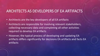 ARCHITECTS AS DEVELOPERS OF EA ARTIFACTS
• Architects are the key developers of all EA artifacts
• Architects are responsible for involving relevant stakeholders,
collecting necessary data and completing all other activities
required to develop EA artifacts
• However, the typical process of developing and updating EA
artifacts differs significantly for decisions EA artifacts and facts EA
artifacts
 
