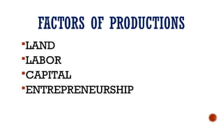FACTORS OF PRODUCTIONS
LAND
LABOR
CAPITAL
ENTREPRENEURSHIP
 