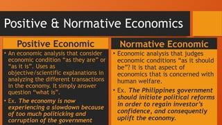 Positive & Normative Economics
• An economic analysis that consider
economic condition “as they are” or
“as it is”. Uses as
objective/scientific explanations in
analyzing the different transactions
in the economy. It simply answer
question “what is”.
• Ex. The economy is now
experiencing a slowdown because
of too much politicking and
corruption of the government
• Economic analysis that judges
economic conditions “as it should
be”? It is that aspect of
economics that is concerned with
human welfare.
• Ex. The Philippines government
should initiate political reforms
in order to regain investor’s
confidence, and consequently
uplift the economy.
Positive Economic Normative Economic
 
