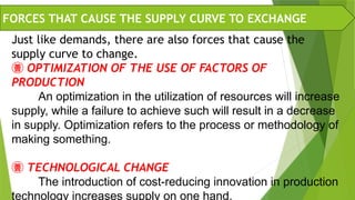 Just like demands, there are also forces that cause the
supply curve to change.
 OPTIMIZATION OF THE USE OF FACTORS OF
PRODUCTION
An optimization in the utilization of resources will increase
supply, while a failure to achieve such will result in a decrease
in supply. Optimization refers to the process or methodology of
making something.
 TECHNOLOGICAL CHANGE
The introduction of cost-reducing innovation in production
technology increases supply on one hand.
FORCES THAT CAUSE THE SUPPLY CURVE TO EXCHANGE
 