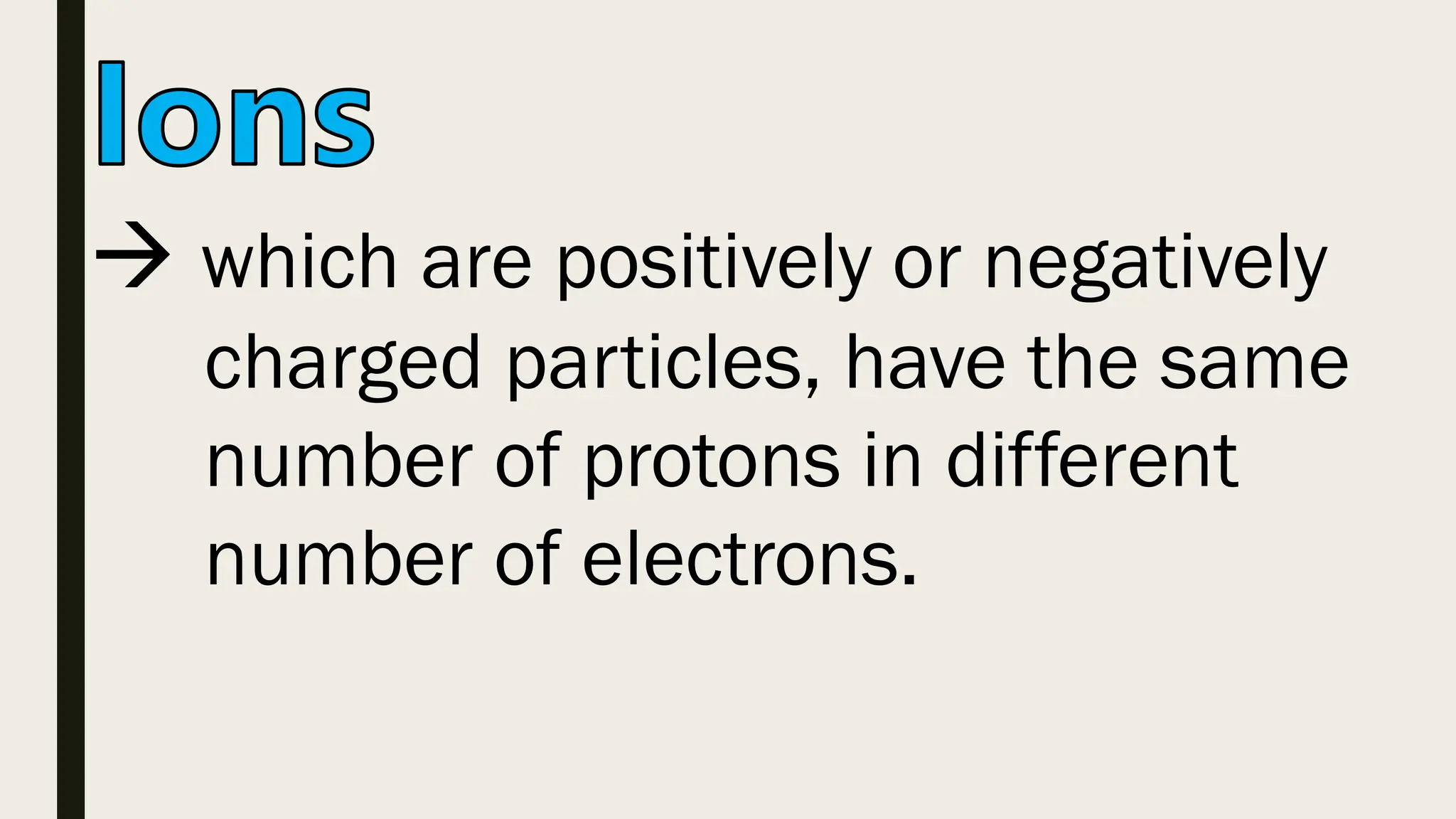  which are positively or negatively
charged particles, have the same
number of protons in different
number of electrons.
 