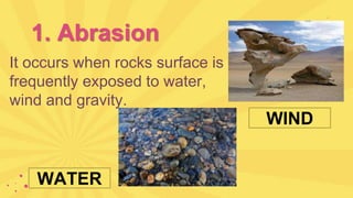 1. Abrasion
It occurs when rocks surface is
frequently exposed to water,
wind and gravity.
WIND
WATER
 