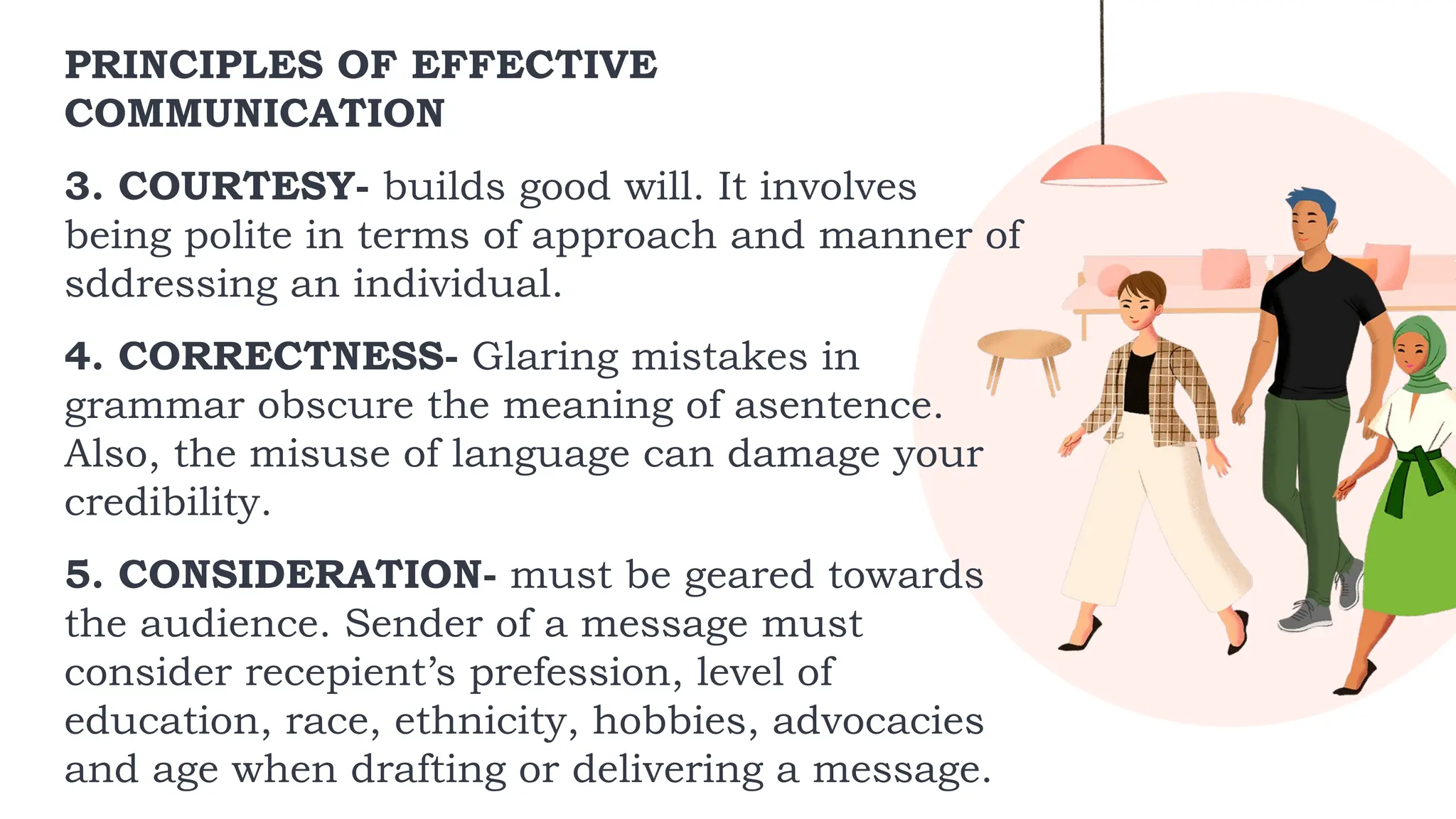 PRINCIPLES OF EFFECTIVE
COMMUNICATION
3. COURTESY- builds good will. It involves
being polite in terms of approach and manner of
sddressing an individual.
4. CORRECTNESS- Glaring mistakes in
grammar obscure the meaning of asentence.
Also, the misuse of language can damage your
credibility.
5. CONSIDERATION- must be geared towards
the audience. Sender of a message must
consider recepient’s prefession, level of
education, race, ethnicity, hobbies, advocacies
and age when drafting or delivering a message.
 