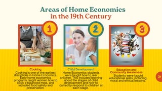 Areas of Home Economics
in the 19th Century
Cooking
Cooking is one of the earliest
disciplines in Home Economics.
Early home economics
programs taught women how to
cook a balanced meal, and
included food safety and
preservation.
Child Development
Home Economics students
were taught how to rear
children. This included learning
about the stages of child
development and how to
correctly respond to children at
each stage.
Education and
Community Awareness
Students were taught
educational skills, including
moral and ethical lessons.
 