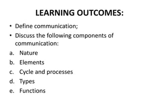 LEARNING OUTCOMES:
• Define communication;
• Discuss the following components of
communication:
a. Nature
b. Elements
c. Cycle and processes
d. Types
e. Functions
 