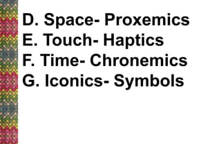 D. Space- Proxemics
E. Touch- Haptics
F. Time- Chronemics
G. Iconics- Symbols
 