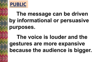 PUBLIC
The message can be driven
by informational or persuasive
purposes.
The voice is louder and the
gestures are more expansive
because the audience is bigger.
 