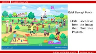 Quick Concept Match
PHYSICS IN DAILY LIFE
LESSON 1
AURORA SENIOR HIGH SCHOOL GENERAL SCIENCE
1.Cite scenarios
from the image
that illustrates
Physics.
 