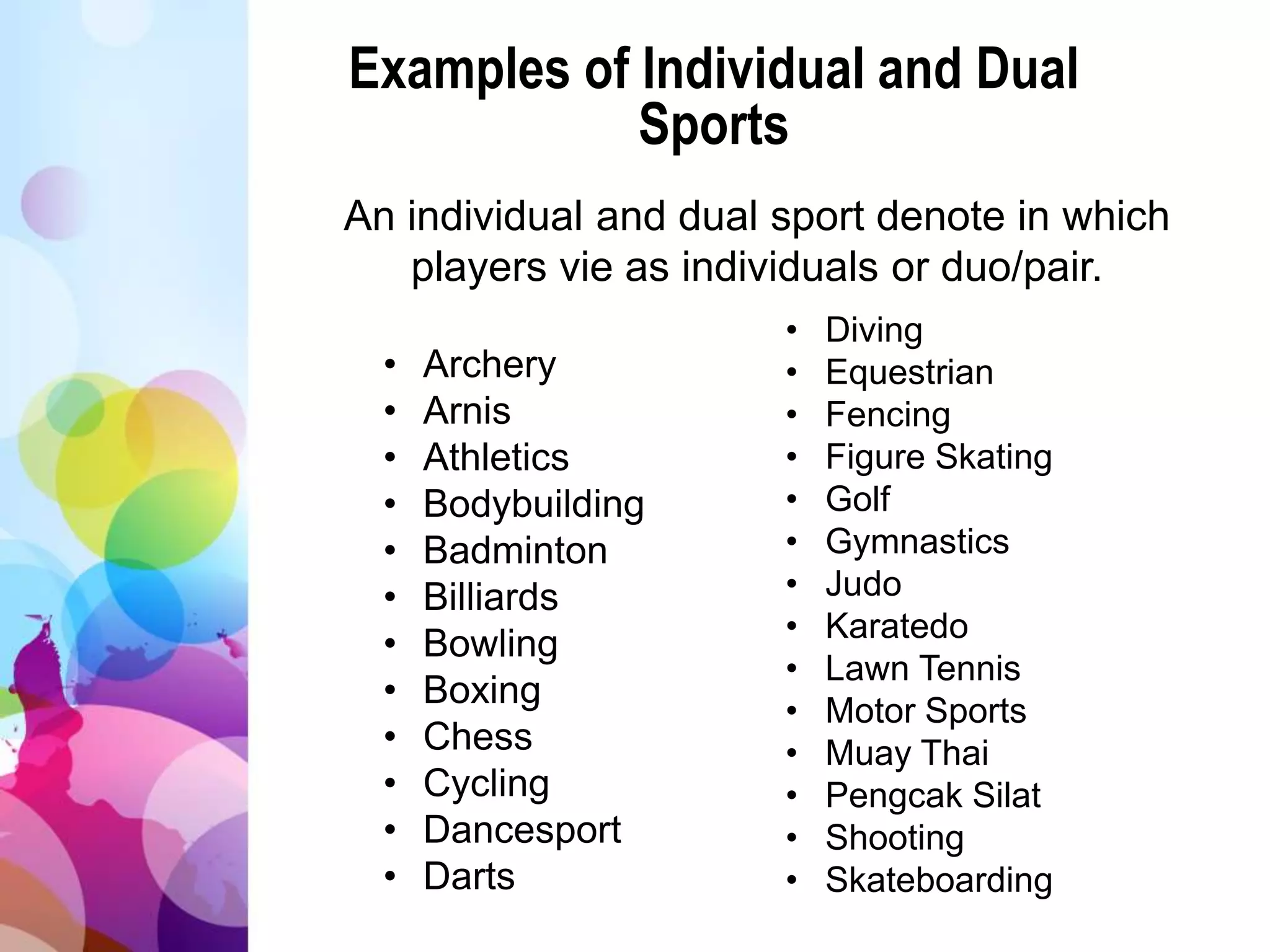 Examples of Individual and Dual
Sports
• Archery
• Arnis
• Athletics
• Bodybuilding
• Badminton
• Billiards
• Bowling
• Boxing
• Chess
• Cycling
• Dancesport
• Darts
An individual and dual sport denote in which
players vie as individuals or duo/pair.
• Diving
• Equestrian
• Fencing
• Figure Skating
• Golf
• Gymnastics
• Judo
• Karatedo
• Lawn Tennis
• Motor Sports
• Muay Thai
• Pengcak Silat
• Shooting
• Skateboarding
 