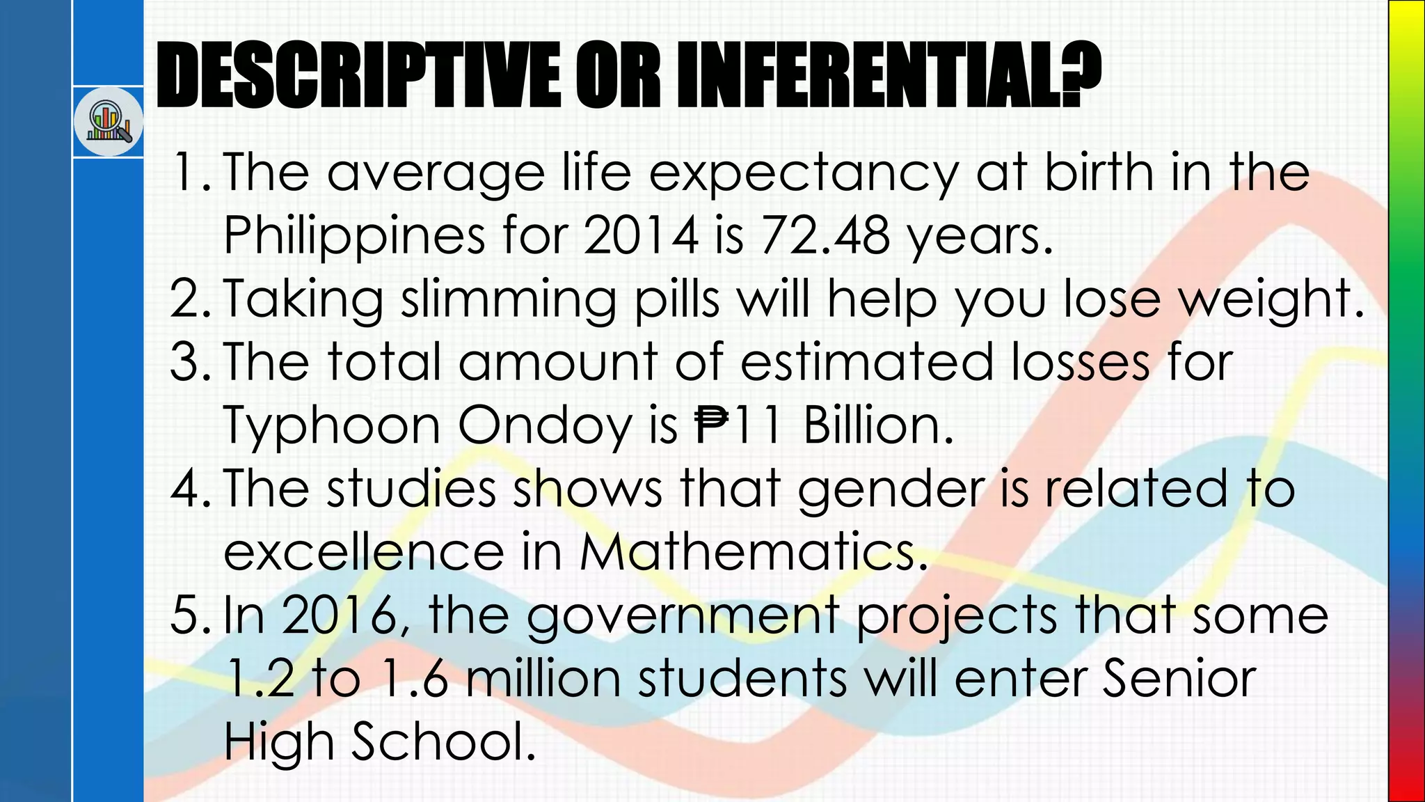 DESCRIPTIVE OR INFERENTIAL?
1. The average life expectancy at birth in the
Philippines for 2014 is 72.48 years.
2. Taking slimming pills will help you lose weight.
3. The total amount of estimated losses for
Typhoon Ondoy is ₱11 Billion.
4. The studies shows that gender is related to
excellence in Mathematics.
5. In 2016, the government projects that some
1.2 to 1.6 million students will enter Senior
High School.
 