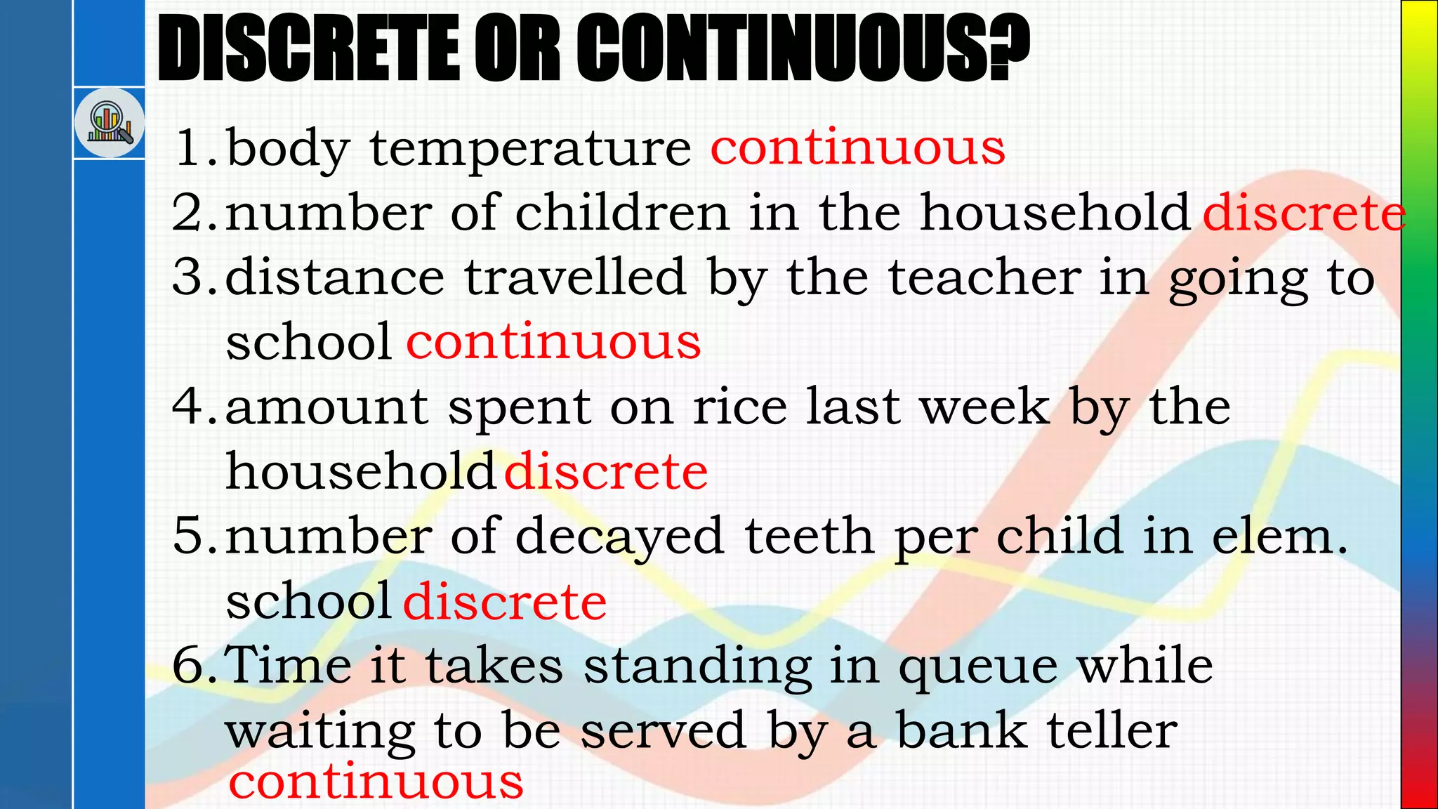 DISCRETE OR CONTINUOUS?
1.body temperature
2.number of children in the household
3.distance travelled by the teacher in going to
school
4.amount spent on rice last week by the
household
5.number of decayed teeth per child in elem.
school
6.Time it takes standing in queue while
waiting to be served by a bank teller
continuous
discrete
continuous
discrete
discrete
continuous
 