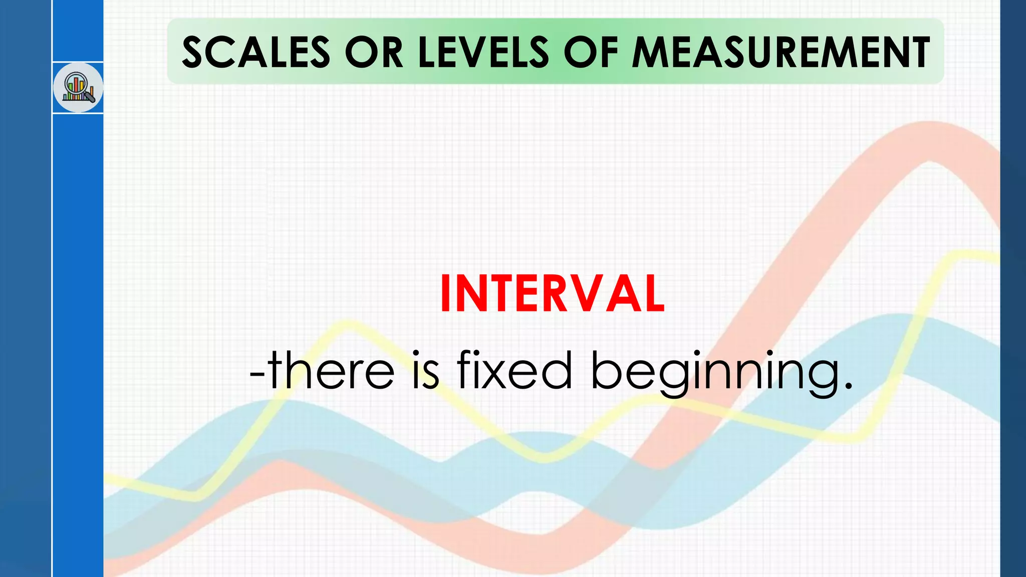INTERVAL
-there is fixed beginning.
SCALES OR LEVELS OF MEASUREMENT
 