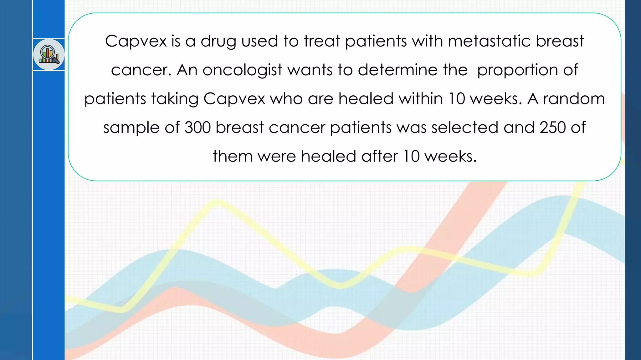 Capvex is a drug used to treat patients with metastatic breast
cancer. An oncologist wants to determine the proportion of
patients taking Capvex who are healed within 10 weeks. A random
sample of 300 breast cancer patients was selected and 250 of
them were healed after 10 weeks.
 