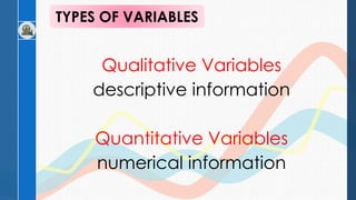 Qualitative Variables
descriptive information
Quantitative Variables
numerical information
TYPES OF VARIABLES
 