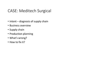 CASE: Meditech Surgical
• Intent – diagnosis of supply chain
• Business overview
• Supply chain
• Production planning
• What’s wrong?
• How to fix it?
 