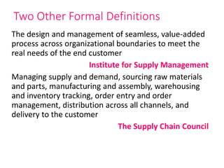 Two Other Formal Definitions
The design and management of seamless, value-added
process across organizational boundaries to meet the
real needs of the end customer
Institute for Supply Management
Managing supply and demand, sourcing raw materials
and parts, manufacturing and assembly, warehousing
and inventory tracking, order entry and order
management, distribution across all channels, and
delivery to the customer
The Supply Chain Council
 