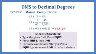 DMS to Decimal Degrees
65°18′45′′ Manual Computation:
65 + 18 + 45
65 +
18
60
+
45
3,600
65 + 0.3 + 0.0125 = 65.3125°
Scientific Calculator:
• Type the given DMS, Press EQUAL.
• Press SHIFT, then DMS
• For some calculators: After you Press
EQUAL, you can use SD to make it decimal.
 