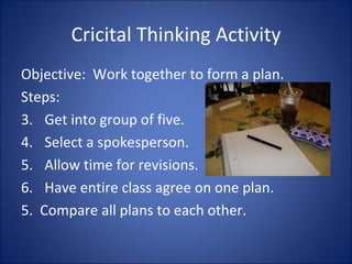 Cricital Thinking Activity Objective:  Work together to form a plan. Steps:  Get into group of five. Select a spokesperson. Allow time for revisions. Have entire class agree on one plan. 5.  Compare all plans to each other. 