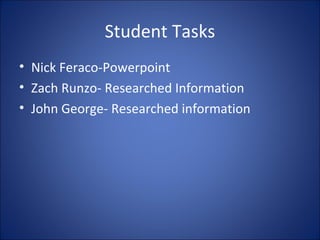 Student Tasks Nick Feraco-Powerpoint Zach Runzo- Researched Information John George- Researched information 
