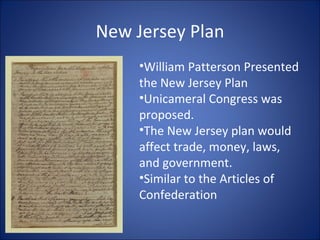 New Jersey Plan William Patterson Presented the New Jersey Plan Unicameral Congress was proposed.  The New Jersey plan would affect trade, money, laws, and government. Similar to the Articles of Confederation 
