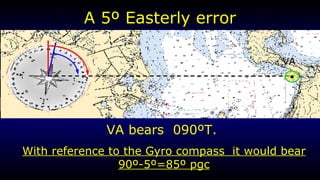 A 5 º  Easterly error VA bears  090 º T.  With reference to the Gyro compass  it would bear 90 º-5º=85º  pgc VA 