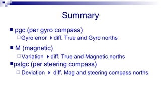 Summary pgc (per gyro compass) Gyro error   diff. True and Gyro norths M (magnetic) Variation   diff. True and Magnetic norths pstgc (per steering compass) Deviation    diff. Mag and steering compass norths 
